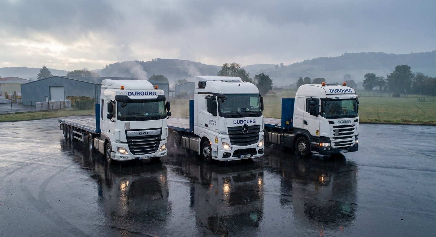 Trio de semi-remorques plateaux vides Dubourg sous la pluie au dépôt