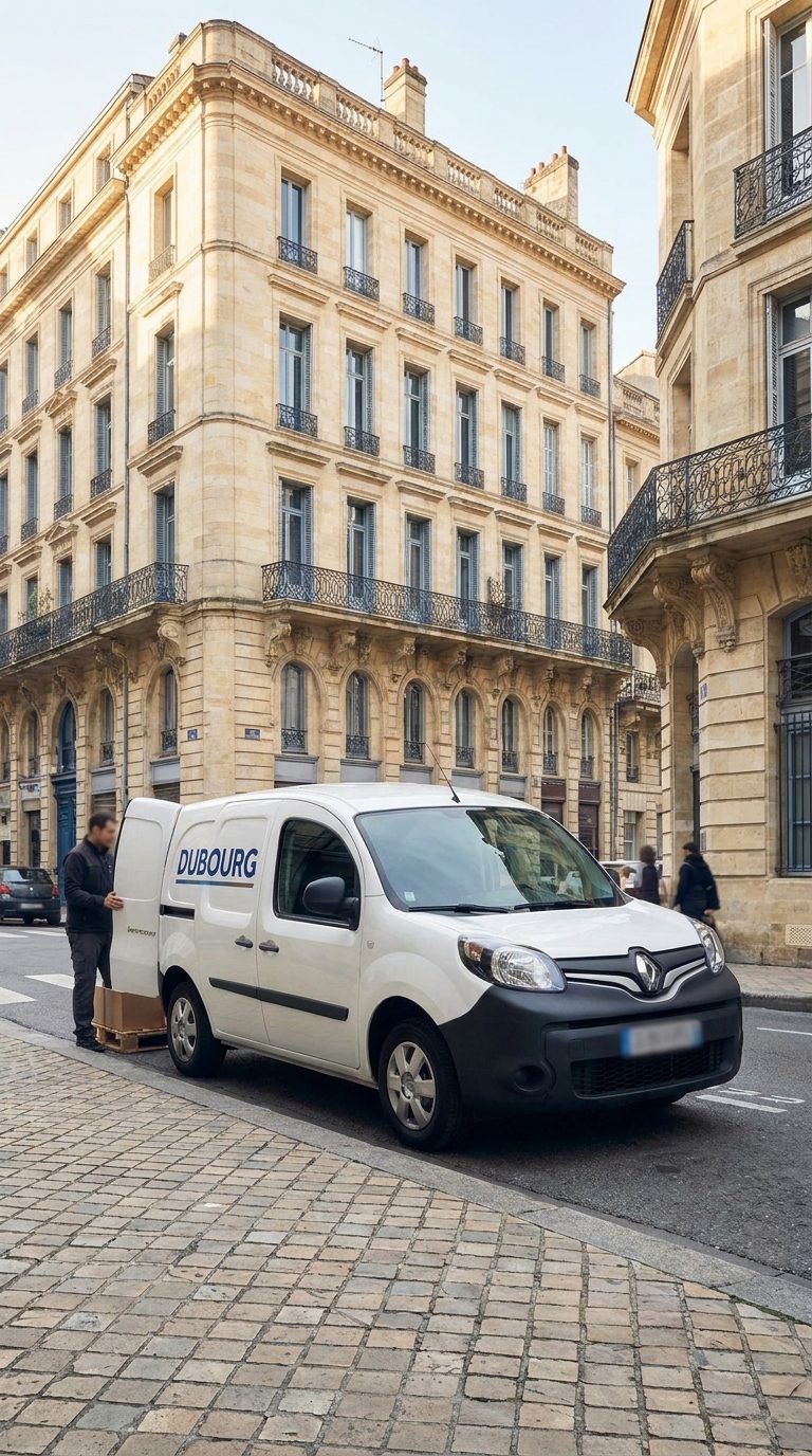 Fourgonnette Express Dubourg en livraison dans une rue en pierre de Bordeaux