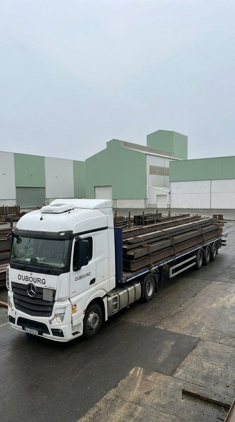 Ensemble Dubourg chargé de profilés acier devant les halls d'un site industriel, vue plongeante